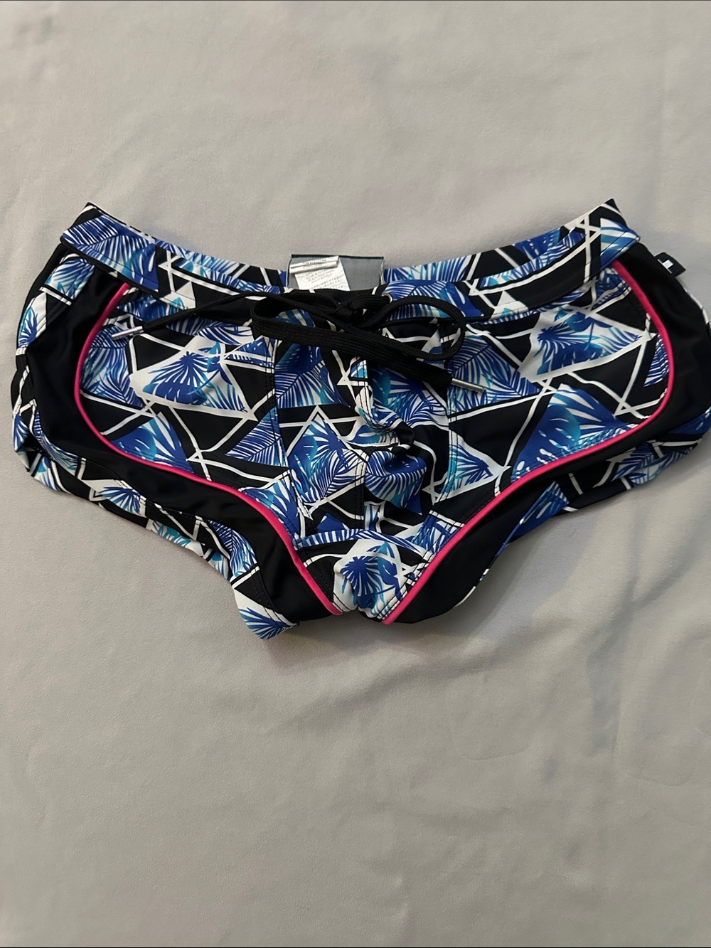 Andrew Christian Blue Tropical Print Swim Bottoms with Pink Trim